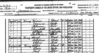 a section of the 1920 census showing the families of brothers Xavier and David King; also Uncle Dave's son Alfie lived nearby